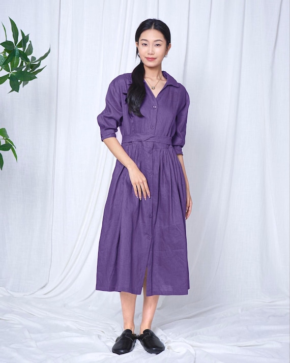 Relaxed Purple Midi Dress with Belt, Collared Half Sleeve Office Casual Dress with Pockets, Women Spring Summer Plus Size Clothing M141