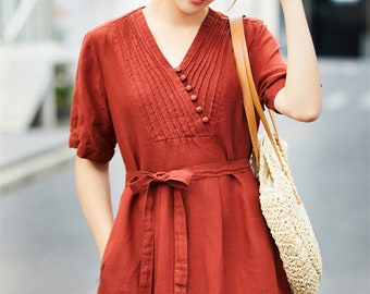 Summer linen dress for women, linen midi dress, loose casual soft custom handmade linen tunic shift dress robes, plus size clothing boho N39