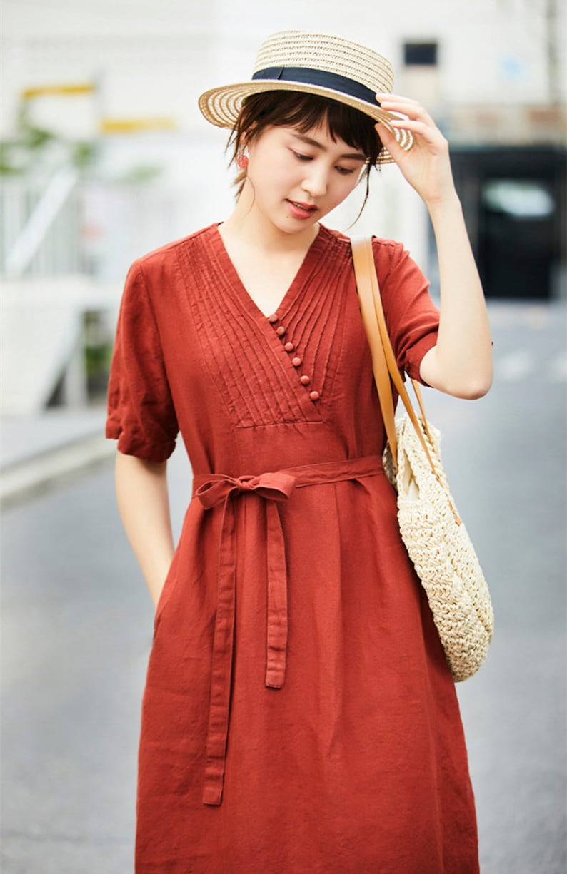 Summer linen dress for women, linen midi dress, loose casual soft custom handmade linen tunic shift dress robes, plus size clothing boho N39 image 1