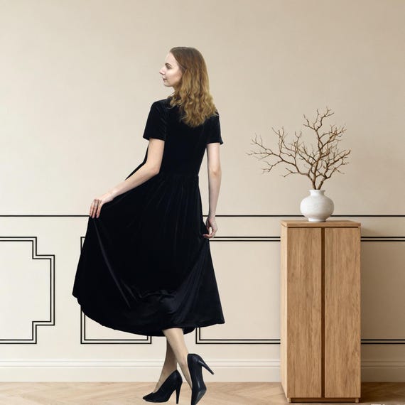 Black Short Sleeves Dress, Vintage Velvet Midi Dress, Evening Dress, Fall  Winter Velvet Dress, Plus Size Clothing, Gift for Women A39 - Etsy New  Zealand