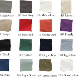 May include: Swatch card with 16 fabric samples in various colors and textures, including light gray, dark gray, milk white, linen, taupe, dark red, orange red, purple, black, green, cyan blue, light blue, blue, light green, army green, and snow white.