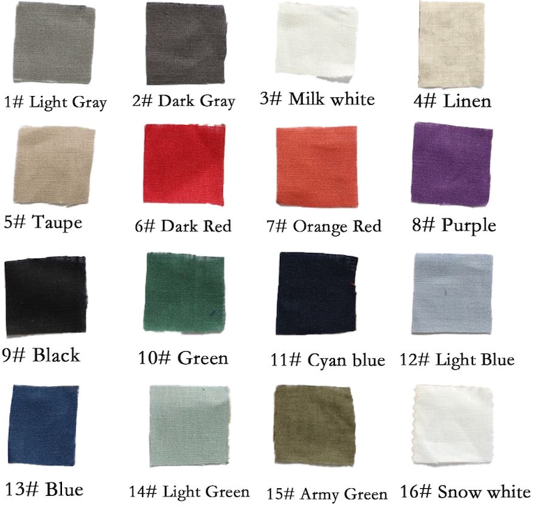 May include: Swatch card with 16 fabric samples in various colors and textures, including light gray, dark gray, milk white, linen, taupe, dark red, orange red, purple, black, green, cyan blue, light blue, blue, light green, army green, and snow white.