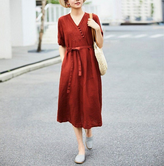 Linen Dresses for Women Linen Long Dress Flax Clothing Loose Midi Dress  Linen Short Sleeve Dress Plus Size Dress Summer Dress With Belt N39 