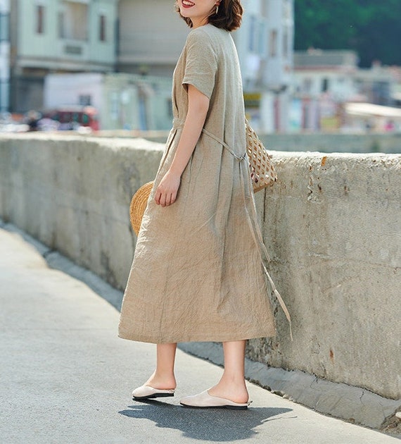 Women's dress casual Pure linen dress linen tunic dress High waist dress home wear dress over the knee linen dress for women midi dress F203 Women's dress casual Pure linen dress linen tunic dress High waist dress home wear dress over the knee linen dress for women midi dress F203