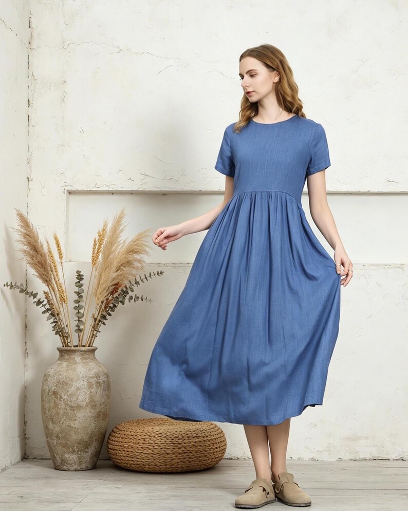 Women's Cotton Linen Midi Dress, Short Sleeve A-line Dress With ...