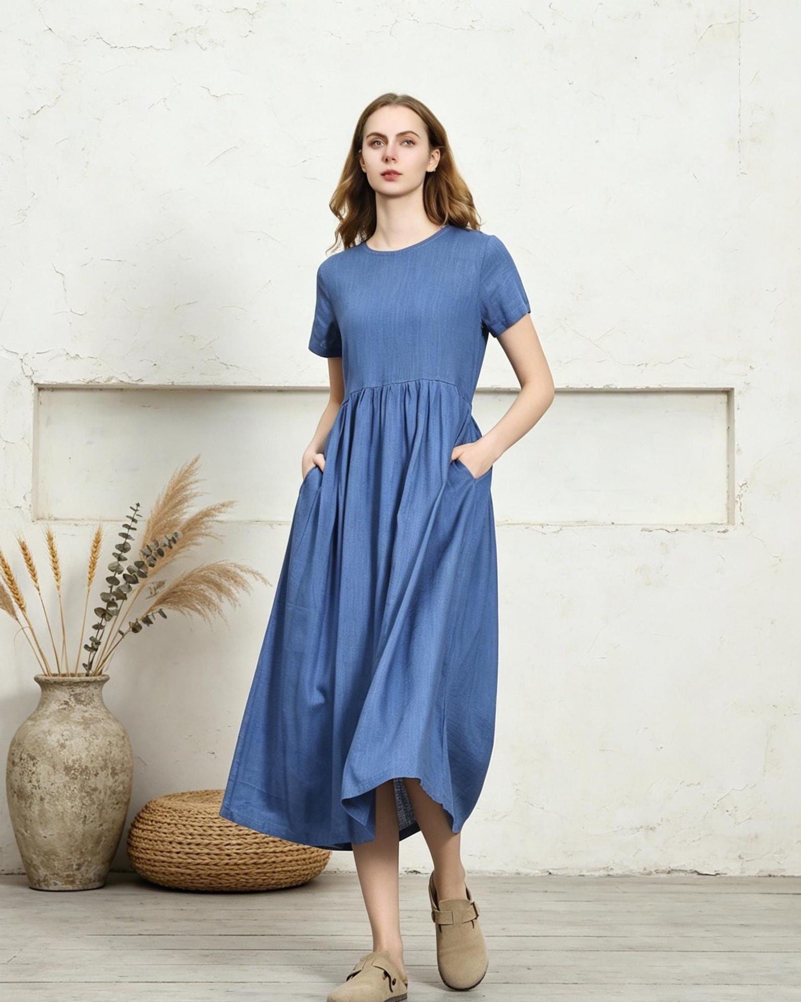 Women's Cotton Linen Midi Dress, Short Sleeve A-line Dress With ...