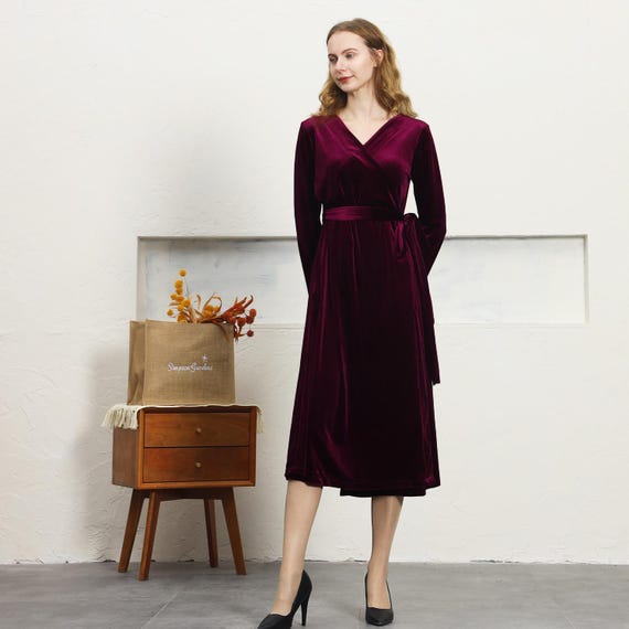 burgundy wrap dress plus size Burgundy Velvet Dress Women Wrap Dress Long Sleeve Robe for Wedding Bridesmaid Maxi Dress Winter Custom Long Dress Plus Size Clothing R17