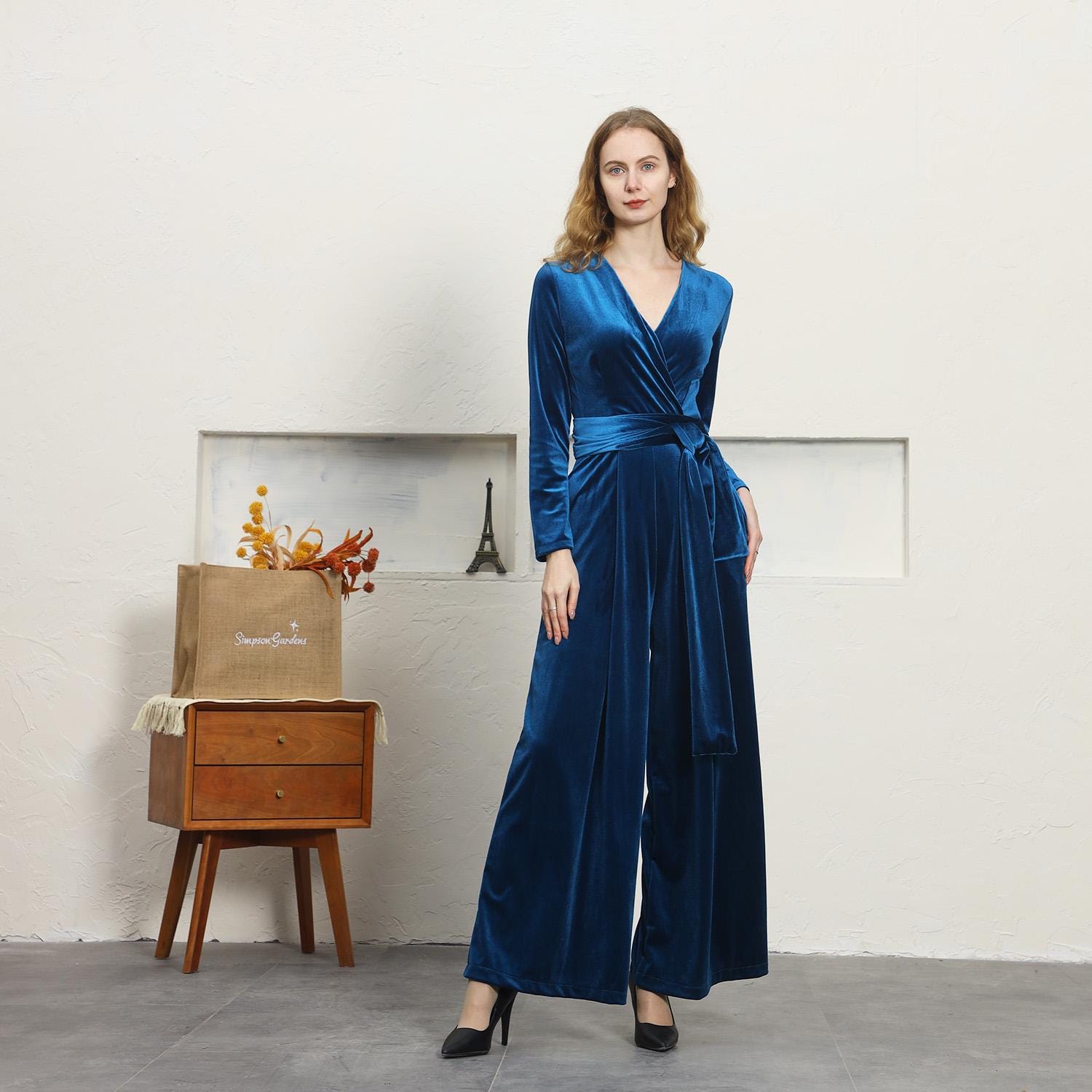 Women's Jumpsuit Velvet Wide Leg Boat Neck 3/4 Sleeve Pearl Trim – Formal