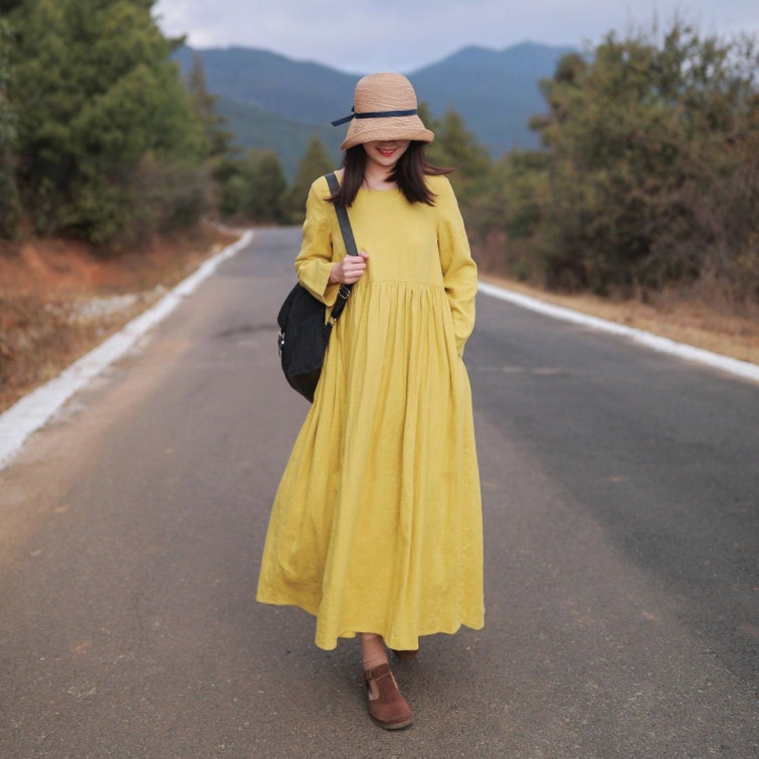 Women Dresses for Fall With Pocket Cotton Dress Long Sleeves Dress Plus ...