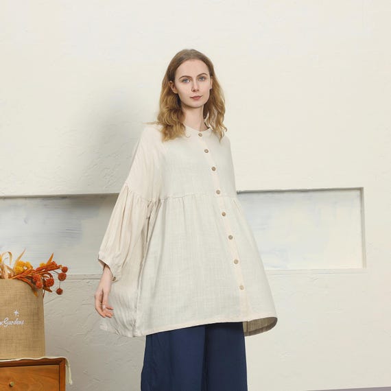 oversized shirt with puff sleeves, balloon sleeves blouse, cotton linen top, plus sizes clothing, loose women top F91