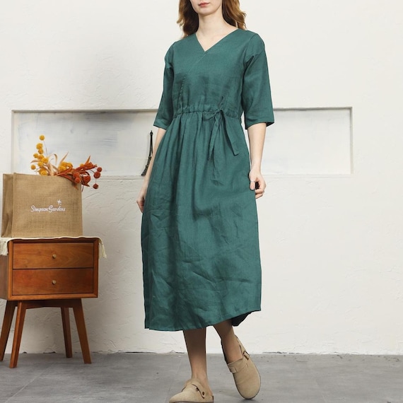 Green Drawstring Linen Dress Short Sleeve V Neck Dress With Pockets Women  Summer Midi Linen Dress Loose Fitting Dress Plus Size Clothing F46 - Etsy  Israel