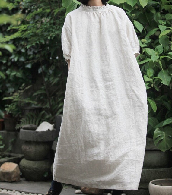Women Dress Linen Dress Minimalist Dress Casual Linen Clothing Short Sleeve Dress Plus Size Dress Maternity Dress 100% Pure Linen Dress F04