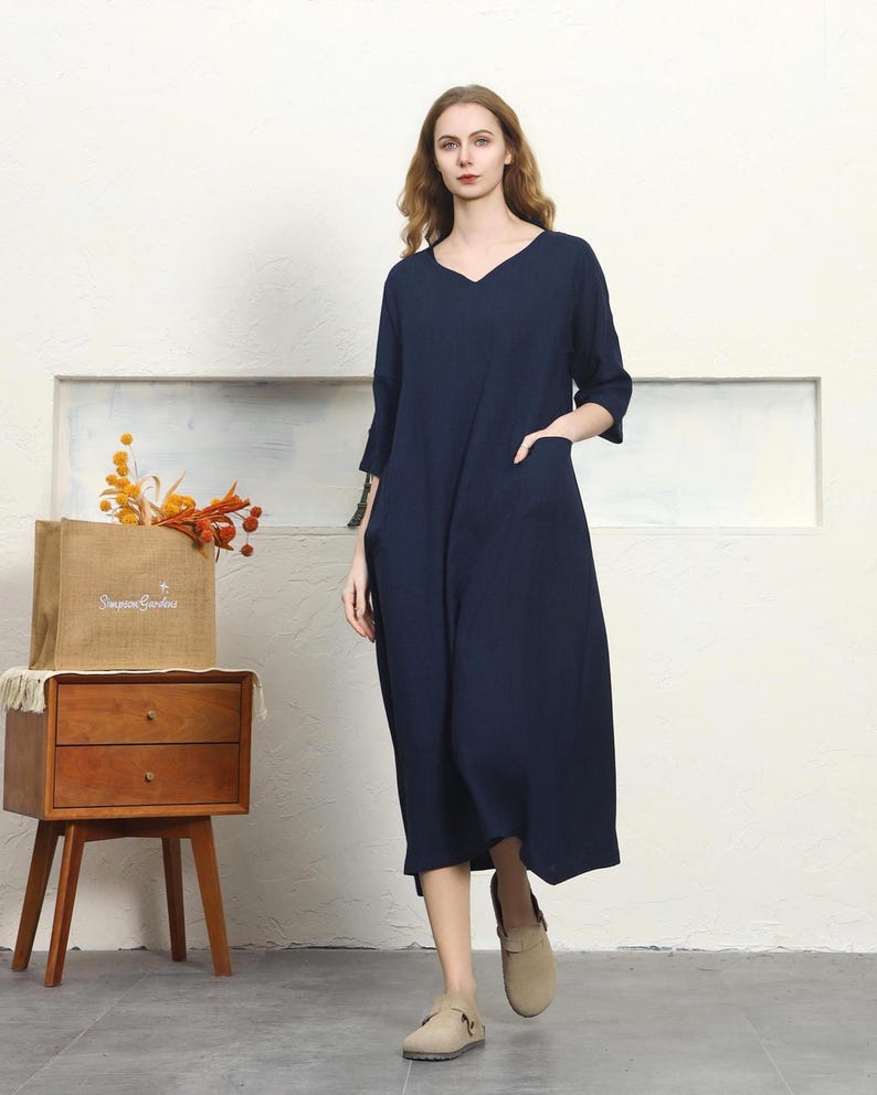 Women's Cotton Linen Midi Dress, V Neck 3/4 Sleeve Patch Pocket Loose ...