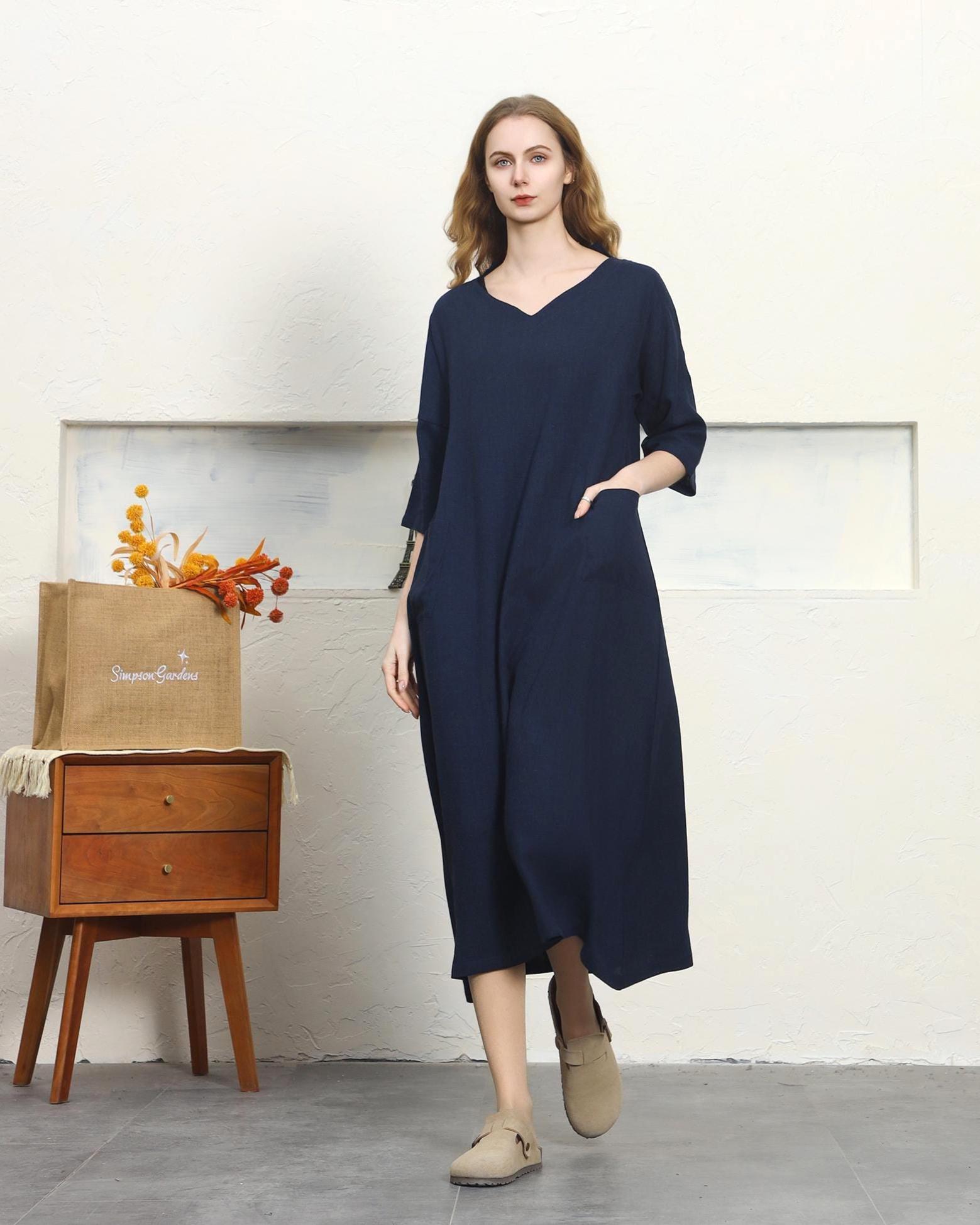 Women's Cotton Linen Midi Dress, V Neck 3/4 Sleeve Patch Pocket Loose ...