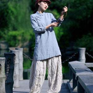 Hauts en lin pour femmes, chemise en lin à manches longues printemps été, chemisiers en lin, vêtements en lin, haut grande taille surdimensionné, tunique en lin bohème chinoise N7 image 6