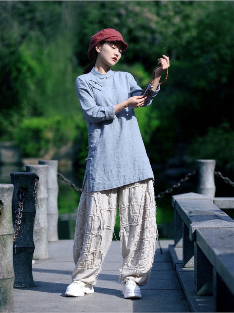 Hauts en lin pour femmes, chemise en lin à manches longues printemps été, chemisiers en lin, vêtements en lin, haut grande taille surdimensionné, tunique en lin bohème chinoise N7 image 6