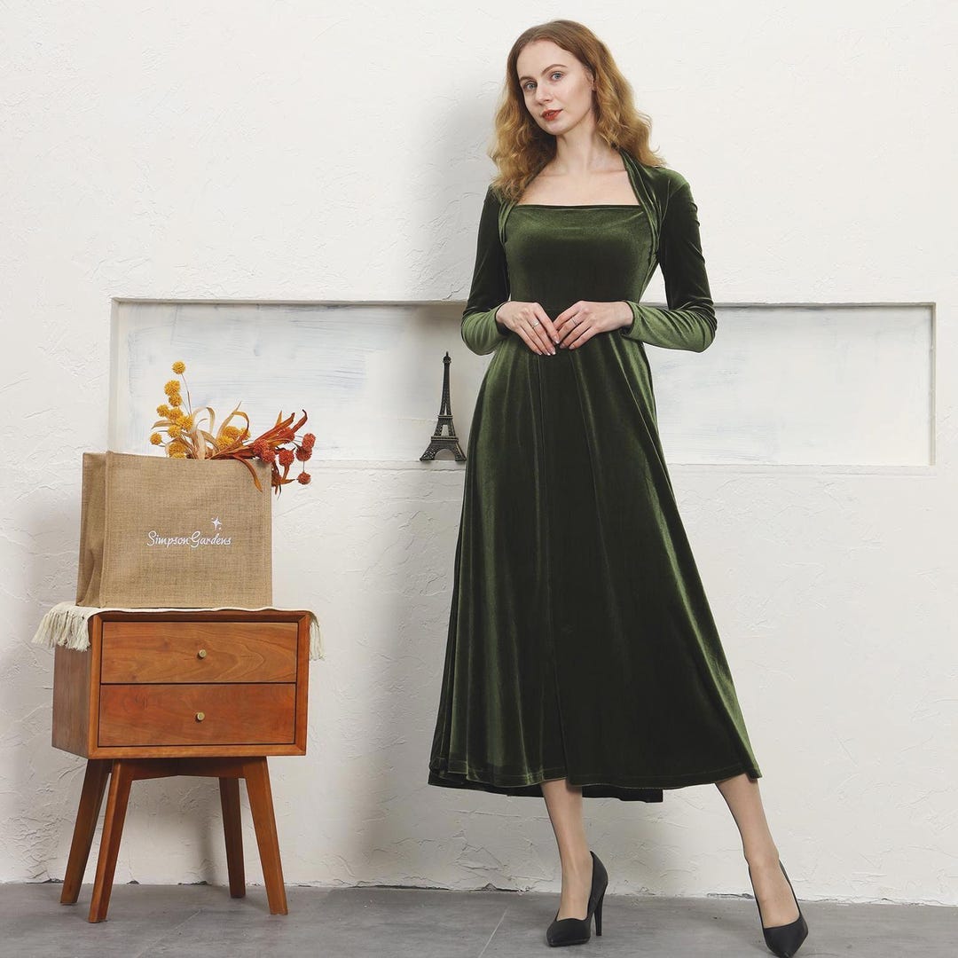 women velvet long dress, long sleeves dress, vintage midi dress, wedding dress, party dress, green velvet dress, plus size clothing R65