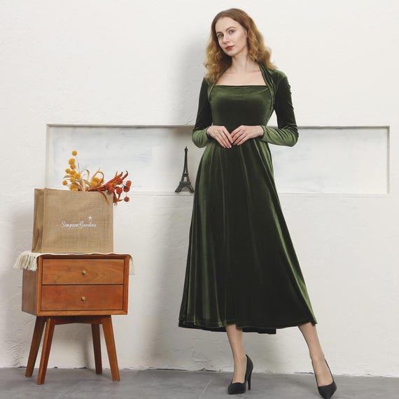 green velvet dress plus Women Long Dress, Long Sleeves Dress, Vintage Midi Dress, Wedding Dress, Party Dress, Velvet Dress, Size Clothing R65 xxpm_nyd8826