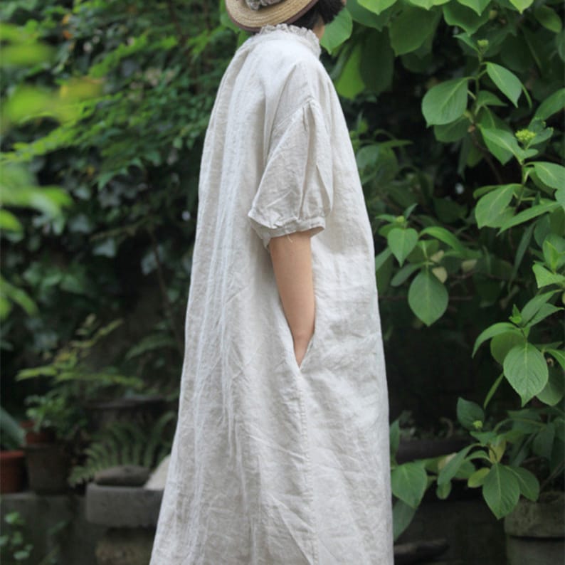 Women dress linen dress minimalist dress casual linen clothing short sleeve dress plus size dress maternity dress 100% Pure Linen Dress F04 image 2