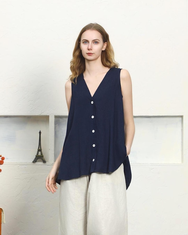 Women's Summer Cotton Linen Vest, V Neck Sleeveless Button Down ...
