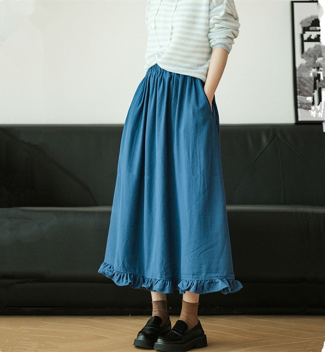 Cotton & Linen Pleated Slit Skirt