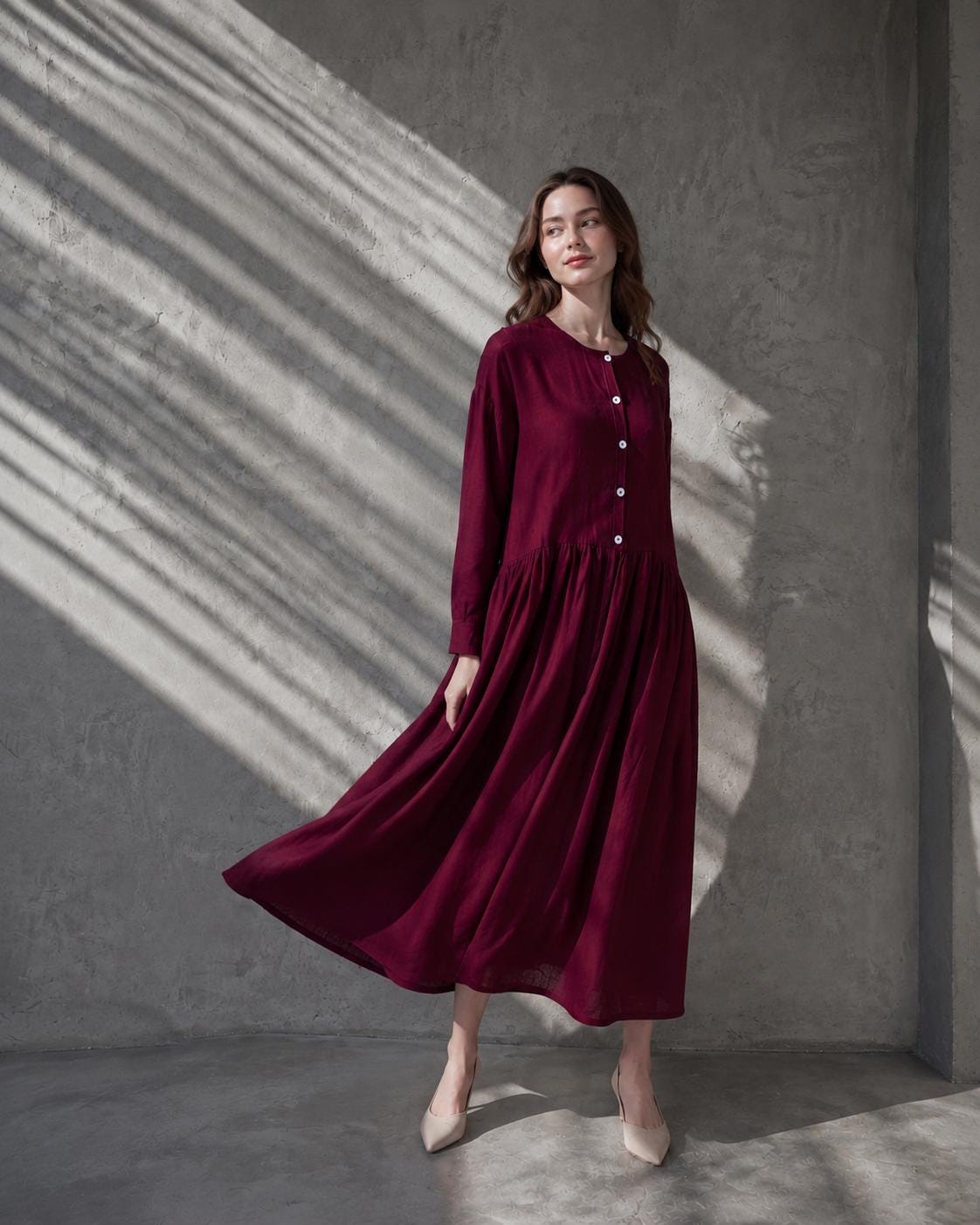 burgundy shift dress with sleeves Waist Size:50