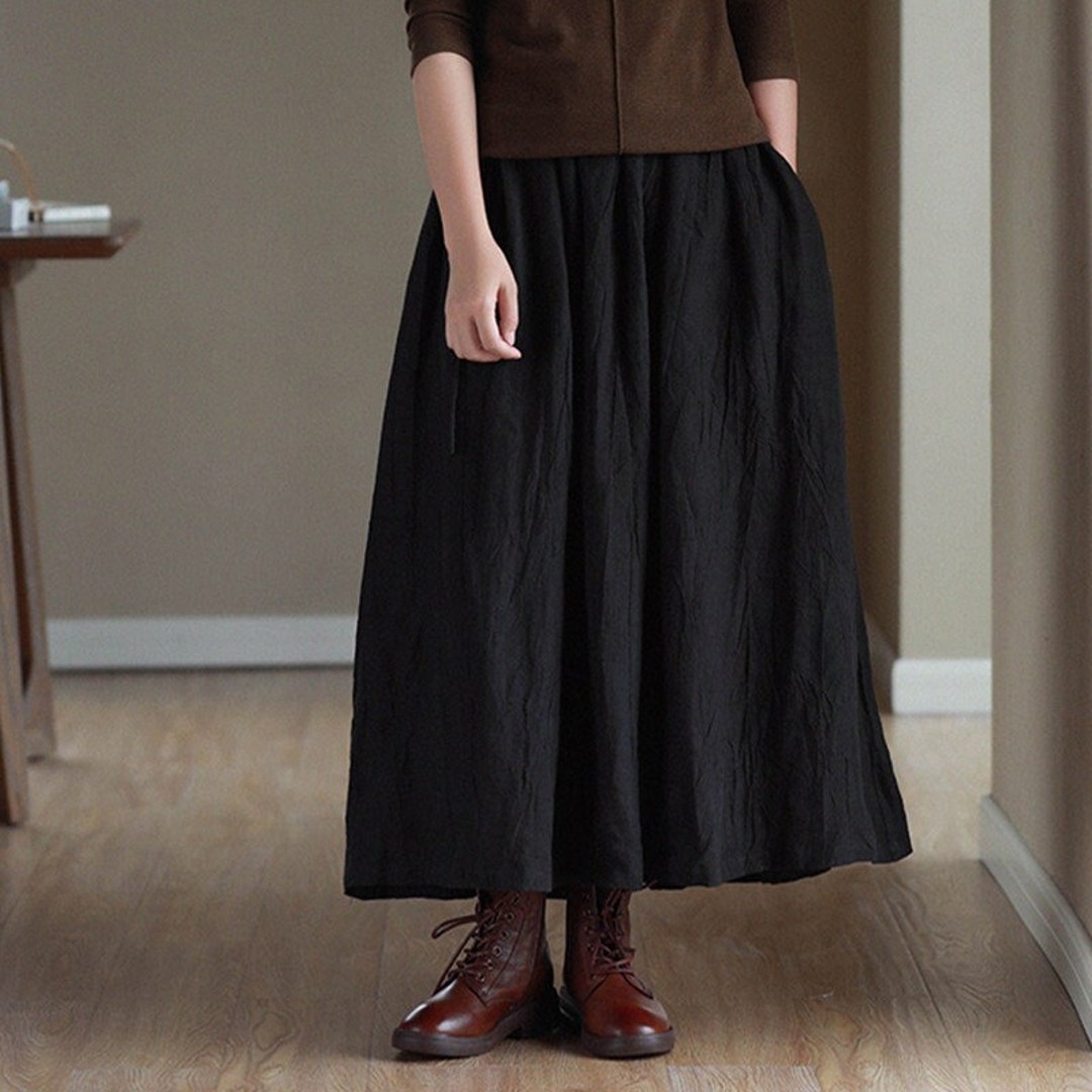 Linen Maxi Skirt Women's Skirts With Pockets Stretch High Waist A