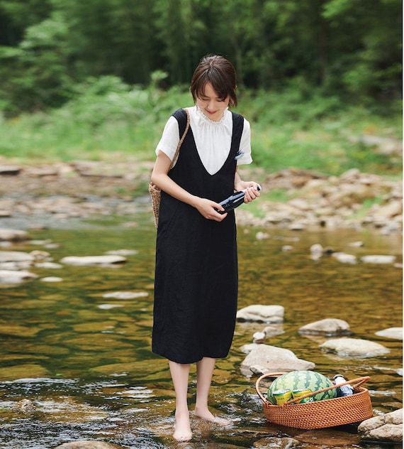 Women linen dress, sleeveless midi dress with pockets, custom V neck summer loose tank dress, plus size linen clothing, boho dress F151