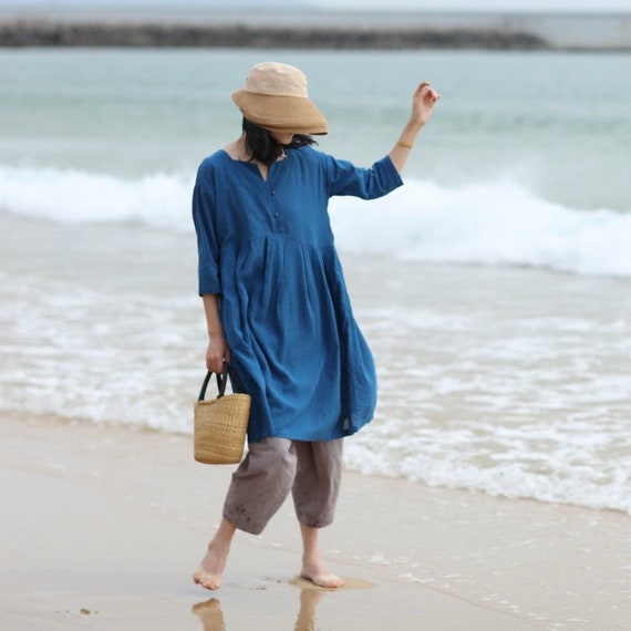Women's Clothing Linen Cotton Dress with Buttons Handmade Custom Dress Pleated Dress Midi Linen Dress 3/4 Sleeve Dress Plus Size Dress F80