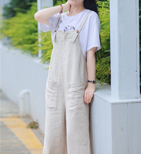Womens Linen Overalls Loose Fit Linen Jumpsuits Women Casual Etsy