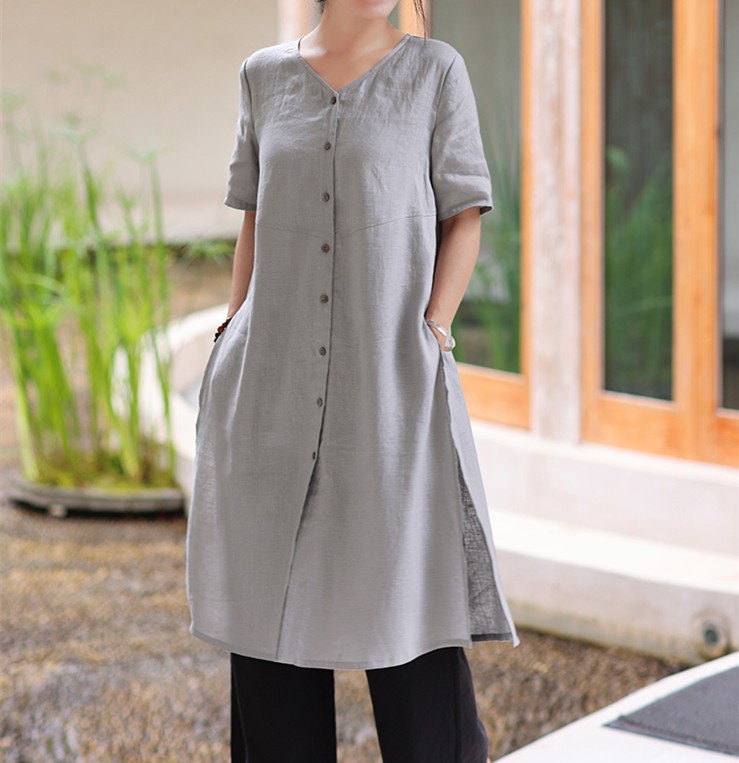 Linen Dress for Women,Short Sleeves Dress,Loose Linen Dress,Custom Midi Dress,Long Shirt Top,Summer Vintage Dress,100%Linen Clothing F264