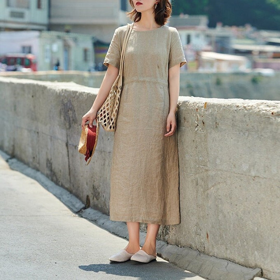 Women's dress casual Pure linen dress linen tunic dress High waist dress home wear dress over the knee linen dress for women midi dress F203 Women's dress casual Pure linen dress linen tunic dress High waist dress home wear dress over the knee linen dress for women midi dress F203