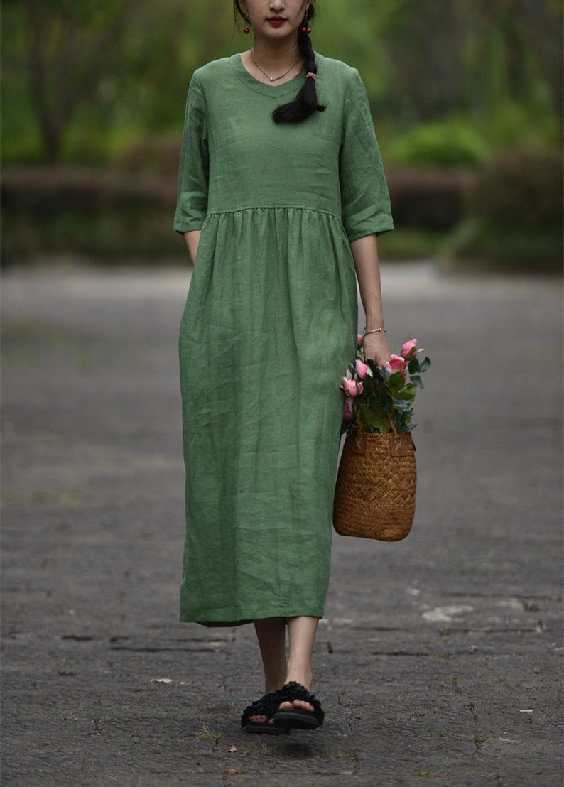 Womens loose dress with pockets High Waist Dress V Neck 100% linen long dress Pleat Dress Linen lounge wear women casual clothing boho F125 image 1