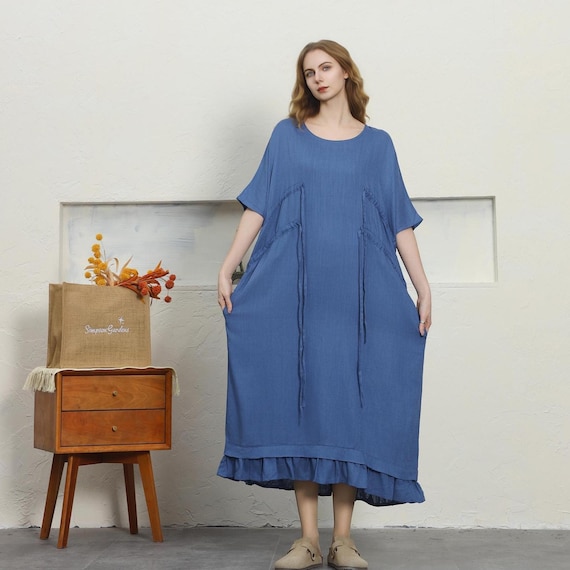 oversize dress with pockets Oversized Linen Shirt Dress: Casual Maxi with Pockets, Ylistyle C2942