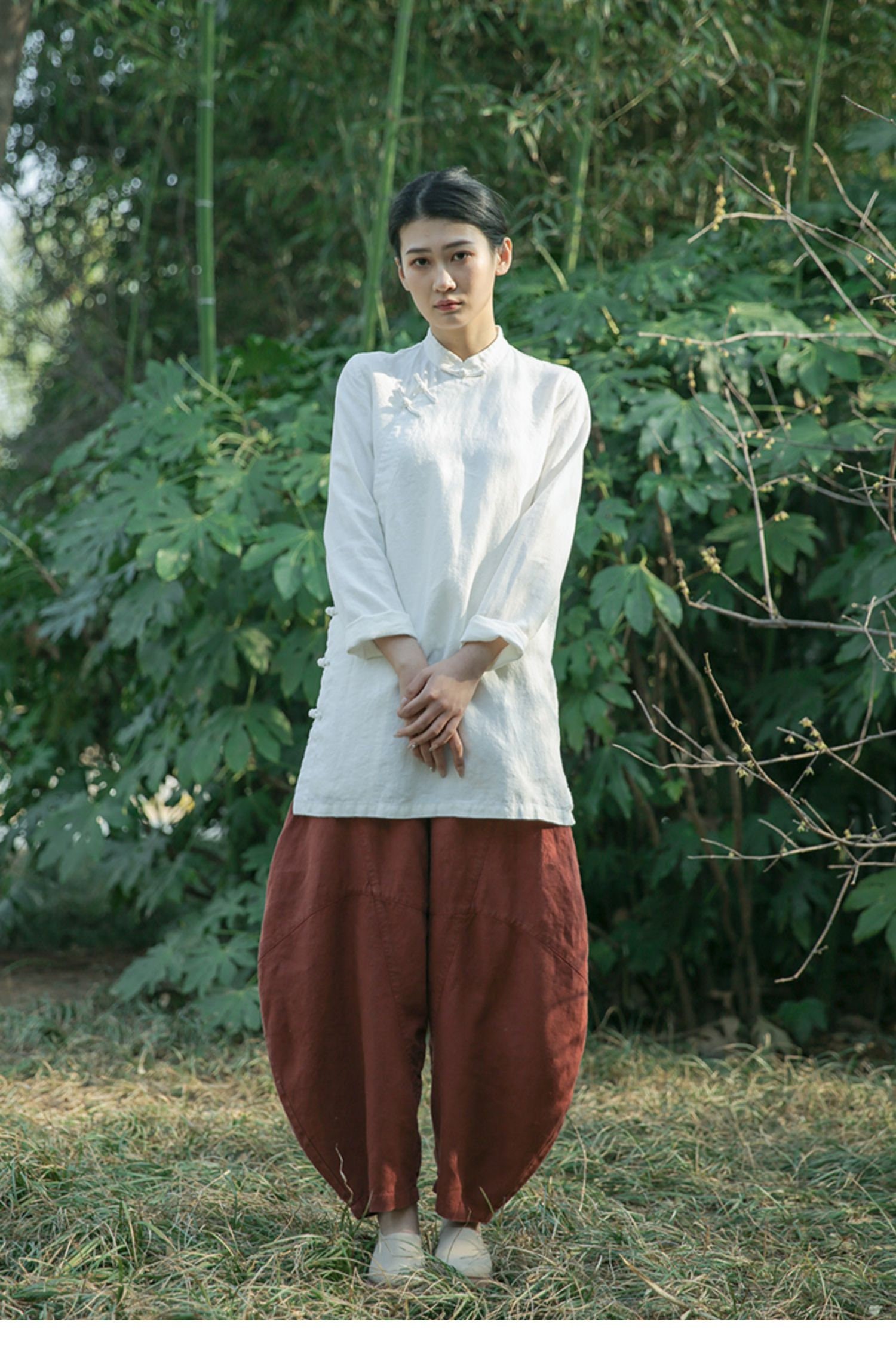 Linen Shirts for Women Summer Tunic Tops Long Sleeves Blouses Casual ...