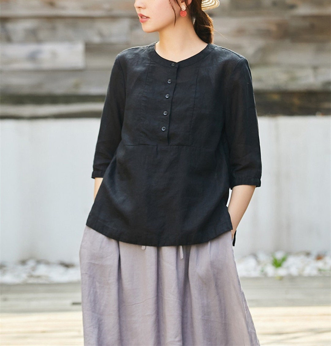 Linen Tops for Women Hand Made Top With Buttons Custom Blouse Loose ...