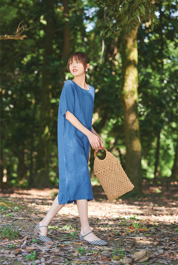 Women Linen Dress, Midi Dress, Half Sleeves Tunic Robes Dress, Loose Casual Oversized Boho Sundress, Beach Dress, Plus Size Clothing F550
