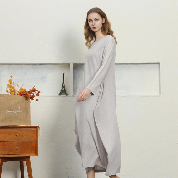 Women's Cotton Linen Maxi Dress Long Sleeved Cotton Linen Caftan Loose Plus Size Clothing Large Size Dress Spring Summer Maxi Dress A69