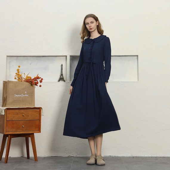 Women linen dress with belt Pure linen shirt dress Loose long sleeve dress Plus size linen clothing spring wrap dress gifts for girls F157