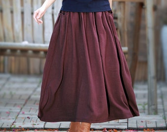 Damska spódnica z bawełny i lnu, letnia spódnica z elastyczną talią, swobodne luźne spódnice, odzież w dużych rozmiarach, spódnica na zamówienie, spódnica z kieszeniami F289