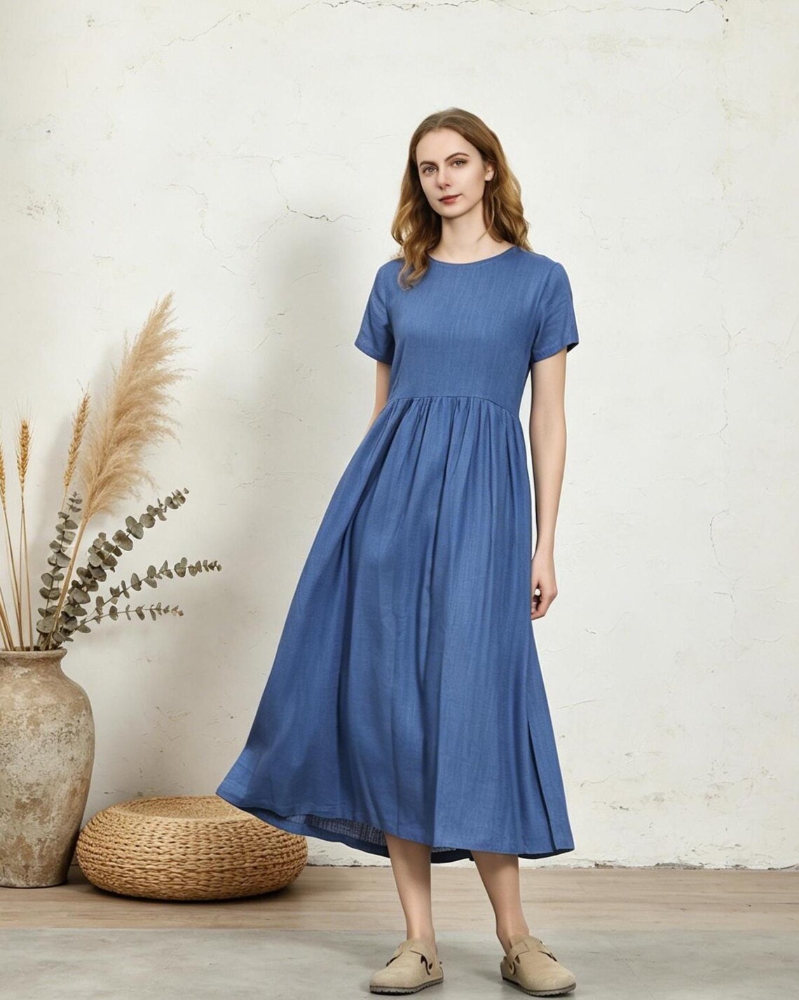 Women's Cotton Linen Midi Dress, Short Sleeve A-line Dress With ...