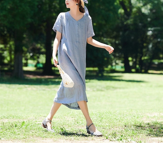 Women's linen dress with Pockets Short Sleeves dress midi dress plus size clothing Customized casual dress with belt Gift for mother F218 Women's linen dress with Pockets Short Sleeves dress midi dress plus size clothing Customized casual dress with belt Gift for mother F218