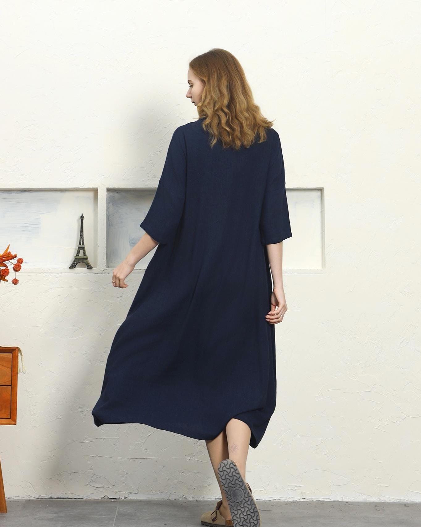 Women's Cotton Linen Midi Dress, V Neck 3/4 Sleeve Patch Pocket Loose ...