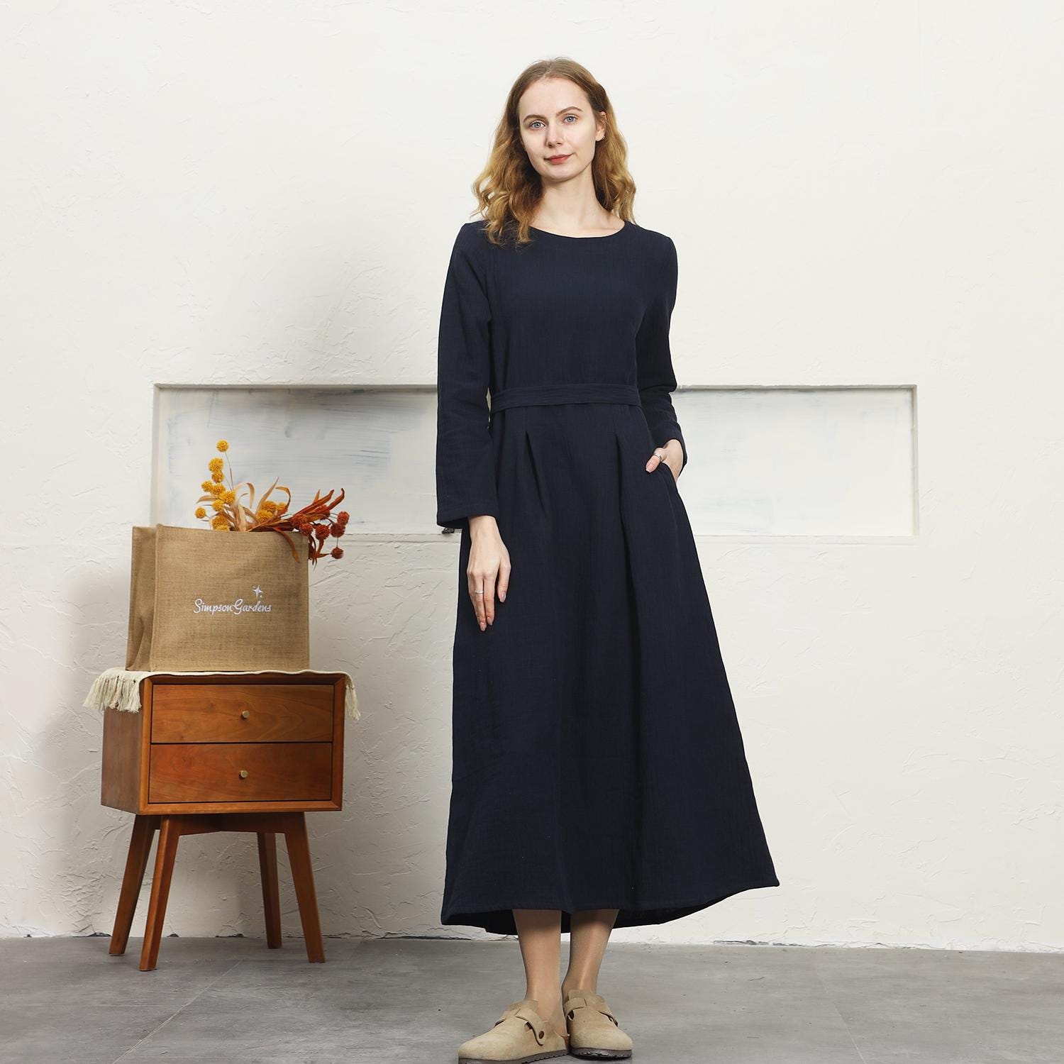 cotton a line dress with sleeves Women's cotton linen dress with belt A line long dress long sleeve dress Loose causal dress Fall winter linen dress Plus size Clothing F17