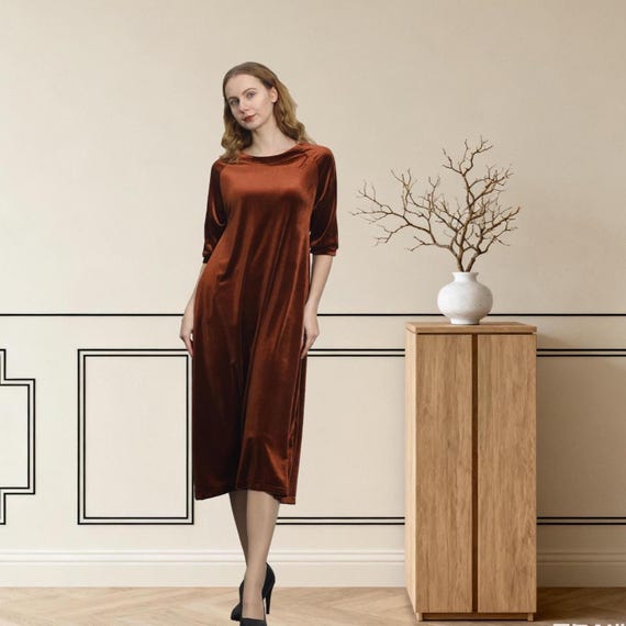 loose velvet dress Velvet Maxi Dress High Neck Long Sleeve, Elegant Winter Formal Gown, Loose Sleeve Dress, Modest Evening Dress, Wedding Guest Dress