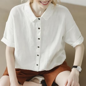 Blusas de lino de verano para mujer, ropa de lino puro, camisa de lino de manga corta, blusas de talla grande, camisa oversize, camisa blanca suave, bohemia F401