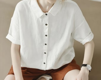 Summer linen tops for women pure linen clothing short sleeves linen shirt blouses plus size shirt oversized shirt soft white shirt boho F401