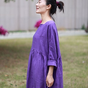 Women Linen dress linen maxi dress long sleeves floor dress loose oversized linen kaftan 100% linen custom plus size dress boho F391