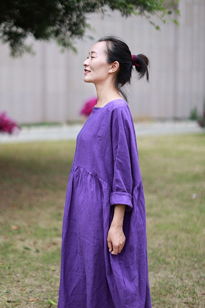 Women Linen dress linen maxi dress long sleeves floor dress loose oversized linen kaftan 100% linen custom plus size dress boho F391