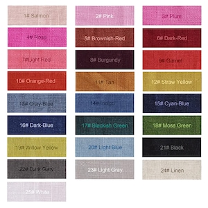 May include: A color chart featuring 25 fabric swatches in various shades. Colors range from Salmon, Pink, and Plum to Gray-Blue, Indigo, and Black. Each swatch is labeled with a number and color name, providing a comprehensive color palette.
